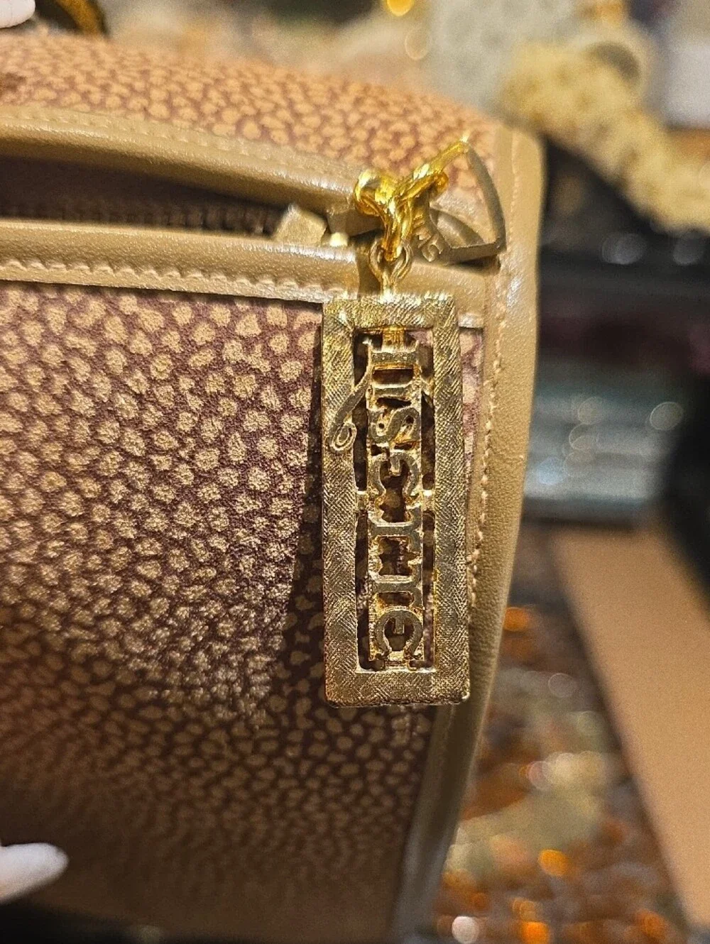 Classic Tan Dome Satchel with Center Stripe and Gold Hardware